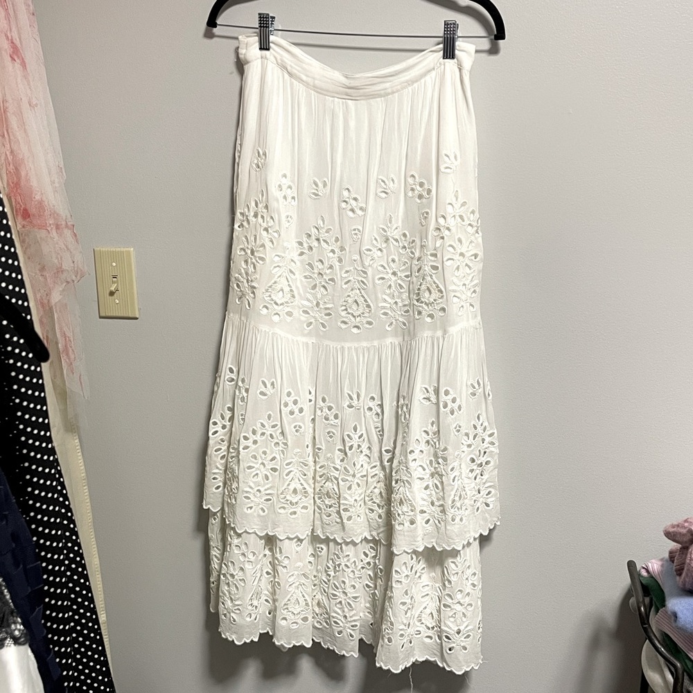 Free People Tiered White Eyelet Maxi Skirt Boho Style
